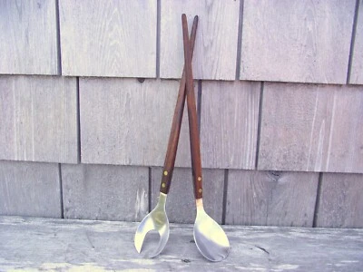 Vintage Mid Century Salad Servers Spoon Fork Stainless Steel Walnut Wood Handles - Image 1 of 4