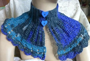 Handmade Crocheted  Neck Warmer Scarf Blue Colors Soft Thread Capelet 2 Buttons - Picture 1 of 12