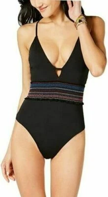 Bar III Small Smocking Solids Black Embroidered 1-Piece Swimsuit NWT S - Image 1 of 4