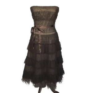 BCBGmaxazria Lace Tiered Ostrich Feather Strapless Brown Cocktail Dress Size 6 - Picture 1 of 7