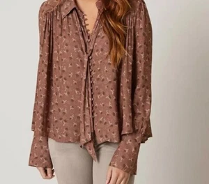 Free People Chiffon Button Blouse High Low Oversized Medium NWT - Picture 1 of 9