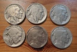 6- Buffalo Nickels -1925 is Bronze Toned- also 1937D, 1935, 1929(2), and 1928 - Picture 1 of 9