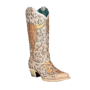 Corral® Ladies White Glitter Inlay & Bull Skull Embroidery Boots A4408 - Picture 1 of 15