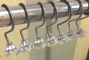 Clear Faceted Acrylic Knob Shower Curtain Silver Hooks Set of 12 - Picture 1 of 10