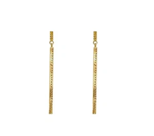 14K Gold Bar Dropped Dia-Cut Authentic Yellow Gold Dangling Earrings - Picture 1 of 4