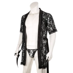 Men Lace Thong Bathrobe Nightgown Gown Kimono Transparent Pajamas Sexy Sleepwear - Picture 1 of 14