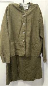 FLAX Women’s Large 2PC Set 100% Linen Olive Green Top & Skirt Boho Lagenlook - Picture 1 of 18