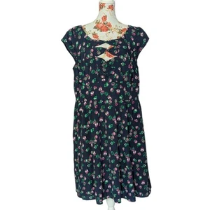 eSHAKTI Dress Sz 2X 20W Blue Floral Fit Flare Short Sleeve Bow Tie Chest Pockets - Picture 1 of 9