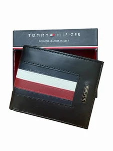 Tommy Hilfiger Men's Leather Wallet Passcase Billfold Rfid Red White Navy - Picture 1 of 9