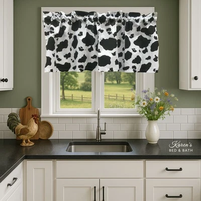 Cenefa con estampado de vaca manchas blancas negras granja hecha a mano cortina de cocina de campo Foto 1 de 4