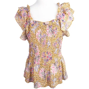 Nanette Lepore Top Womens Large Yellow Pink Floral Babydoll Ruffle Peasant Fairy - Picture 1 of 7
