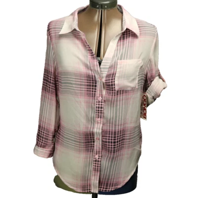 Camisa Bongo de Gasa a Cuadros Cuello en V Botón Mangas 3/4 Rollo Pestaña Rosa Blanco Negro M Foto 1 de 4