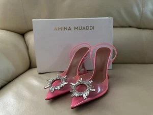 Amina Muaddi Begum Brooch Pointed Toe Pump Pink Size 37.5 EU NEW - Picture 1 of 9
