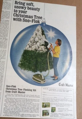 1968 anuncio impreso -Sno-Flok flocado árbol de Navidad pintura en aerosol nieve publicidad antigua Foto 1 de 2