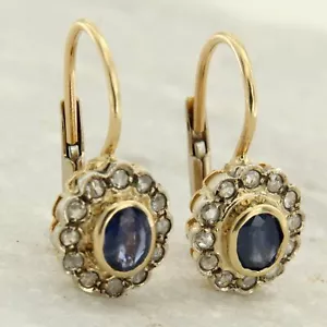 Orecchini in ORO Giallo 14 kt con ZAFFIRO Blu e DIAMANTI stile Antichi Pendenti - Foto 1 di 7