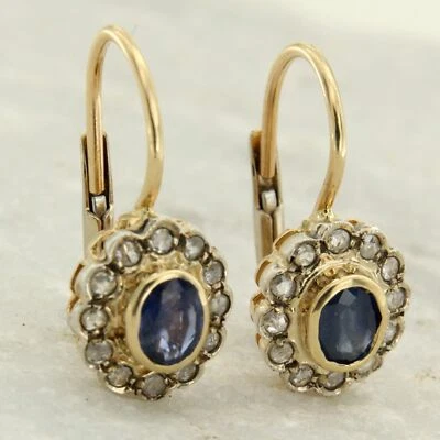 Orecchini in ORO Giallo 14 kt con ZAFFIRO Blu e DIAMANTI stile Antichi Pendenti - Immagine 1 di 4