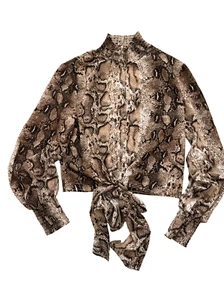 Simplee Damen Top Gr. S Animal Print Braun Stehkragen Schrift zum Binden Retro Crop Boho - Bild 1 von 11