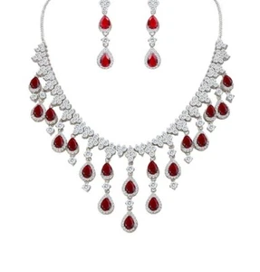 White gold finish pearcut red ruby and created diamond droplet necklace set - Picture 1 of 4