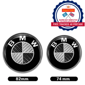 2Pcs Carbon Fibre Front Hood Bonnet & Rear Boot Trunk Badges For B-M-W 82mm 74mm - Picture 1 of 4