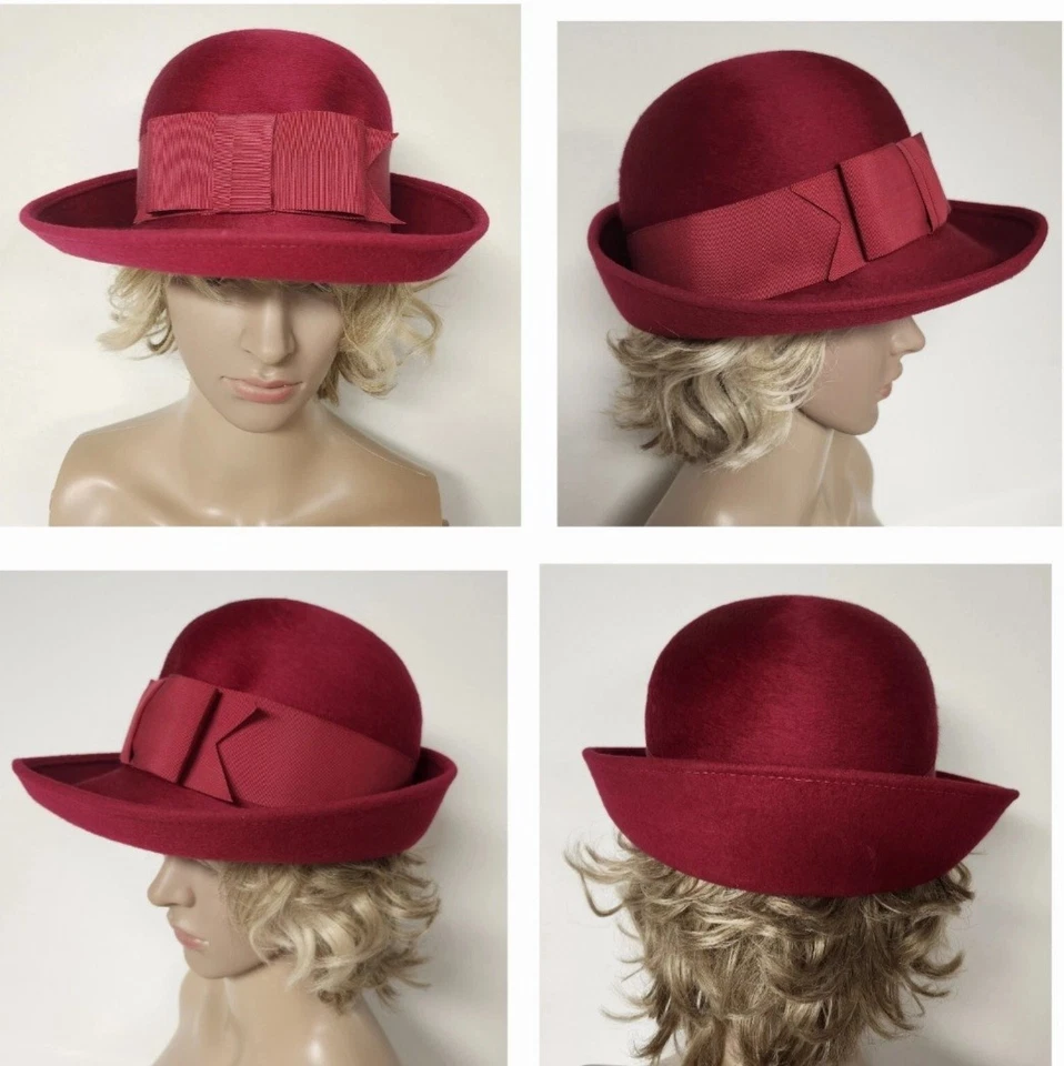 Sombrero de Lana Soleil Soie Henry Pollak Rojo Arándano Vestido Elegante Iglesia Derby Foto 1 de 4