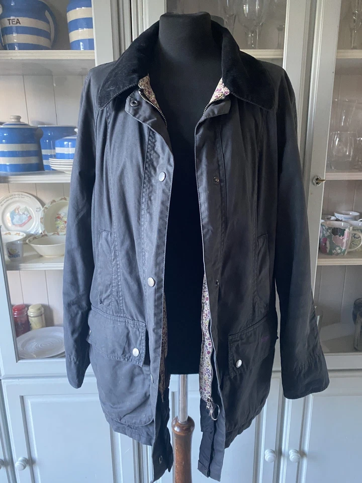 Barbour Beadnell Liberty Print Wax Waterproof Black Coat Jacket UK 18  - image 1 of 4