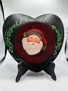 Holz geschnitzt handbemalt Herzform Weihnachtsmann Teller Tablett signiert Betty Boetcher 10 Zoll - Bild 1 von 12