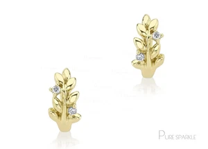 14k Gold Lab-Created Diamond Huggie Earrings With Tree Branch Leaf Design-New - Picture 1 of 6