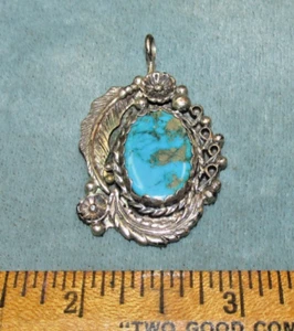 VINTAGE .925 Sterling Silver Pendant 1.75" Turquoise Signed JB SOUTHWEST US - Picture 1 of 4