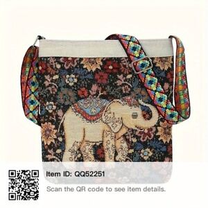 Ethnic Style Crossbody Bag, Elephant Embroidery Square Purse, Vintage...