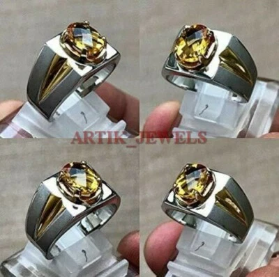 Anello In Argento Sterling 925 Con Gemma Citrina Naturale Per Uomo #3017 - Immagine 1 di 3