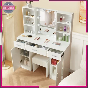 White Vanity Set with Stool 3 Drawer Makeup Vanity Desk with Mirror and Lights - Picture 1 of 11