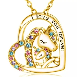 "I love you forever" Mom and Baby Unicorn Heart Pendent Necklace - Picture 1 of 6