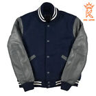 American Lettermen Bomber Baseball Blue Varsity Jacket W/ Gray Leather Sleeves