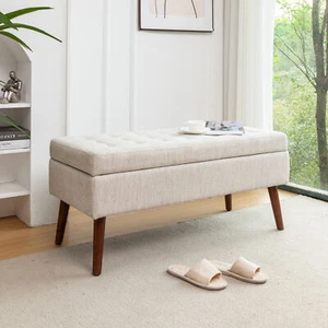 Linen Fabric Storage Ottoman Storage Bench Entryway Bedroom OffWhite 43.7"x18.1" - Picture 1 of 9