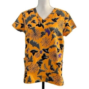 Green Town Halloween Medical Nursing Foil Scrub Uniform Top Women’s SZ XS - Picture 1 of 7