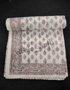 Indian Cotton Quilt Kantha Throw Boho Hippie Reversible Blanket Block print - Picture 1 of 11