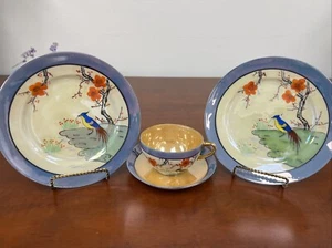 Lusterware Handpainted Porcelain Teacup/Saucer & Plates Set Of 3 Bluejay  - Picture 1 of 15