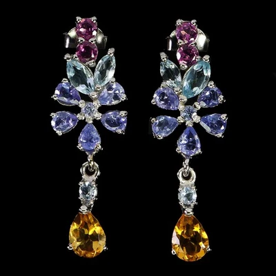 925 Sterling Silver Earrings Pear Citrine 7x5mm Topaz Tanzanite Gemstone Jewelry - Image 1 of 4