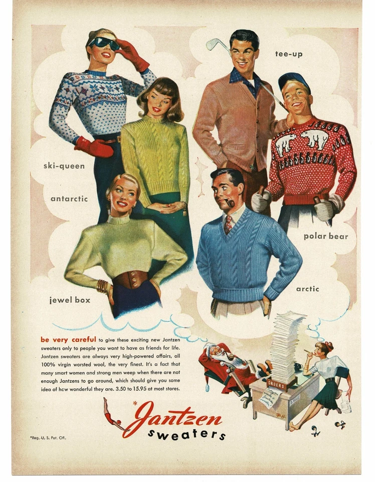 Suéteres Jantzen 1946 para hombre y mujer Ski-Queen Tee-Up Ártico joyero estampado anuncio Foto 1 de 1