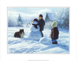 Robert Duncan Snowman Dog Children Winter Friends 20x16 in - Picture 1 of 1