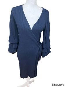 Flawless Wrap Navy Blue Ribbed Knit Sweater Dress Small V-neck 3/4 Sleeve Ruffle - Picture 1 of 4