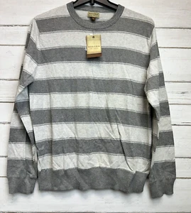 NWT Sonoma Life+Style Men's Knit Sweater Striped Crew Large Crimson Grey Cotton - Picture 1 of 3