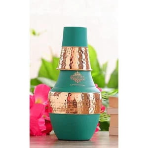 Copper Surahi Shape Bedroom Bottle With Inbuilt Glass 1225 ml Green - Picture 1 of 5