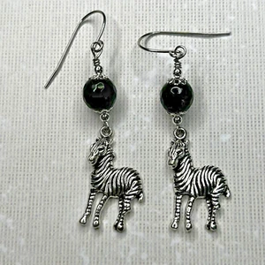 Silver Tone Black Japanese Cherry & Zebra Charms Dangle Earrings. Animals. S166 - Picture 1 of 4