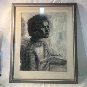 1960s LARGE Charcoal on paper Portrait of a Woman By B.TAYLOR from a collection. - Picture 1 of 12