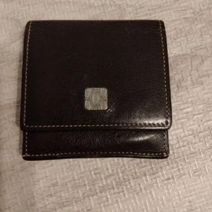 Cartier Happy Birthday Coin Case Coin Purse Black Brown Leather Logo Plate Auth - Picture 1 of 4