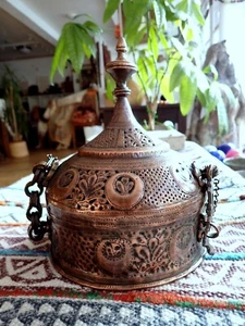 Mughal India Insence Burner Copper Pierced Metalwork Hanging Antique Repousse - Picture 1 of 9