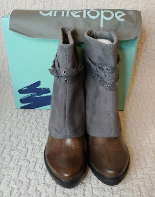Botines Antelope Yael 765 Nuevos en Caja 37 EE. UU. 6 Gris + Marrón Cuero Gamuza Cuña Foto 1 de 4