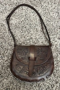 Handmade Peruvian Tooled Dark Brown Leather Crossbody Bag Small - Picture 1 of 14
