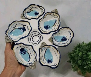 Oyster Plate Platter Coton Colors By Laura Johnson Half Dozen Blue White - Picture 1 of 8